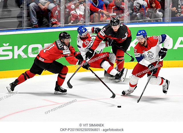 From left JONATHAN MARCHESSAULT of Canada, Czech MICHAL REPIK, PHILIPPE MYERS of Canada, Czech HYNEK ZOHORNA in action during the Ice Hockey World Championships...