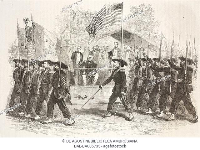 The Garibaldi Guards regiment at the review of federal troops parading before President Abraham Lincoln and General Winfield Scott on July 4, 1861