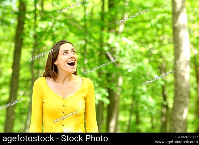 Amazed woman walking in a green forest contemplating views on summer vacation