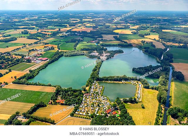 Aerial view, lakes, Warendorf, Ems, surf club Warendorf, campsite Alsmann, MÃ¼nsterland, North Rhine-Westphalia, Germany, Europe