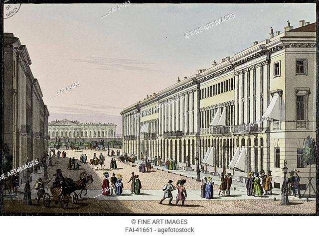 The Mikhailovskaya Street with view of the Michael Palace in St. Petersburg by Beggrov, Karl Petrovich (1799-1875)/Lithograph