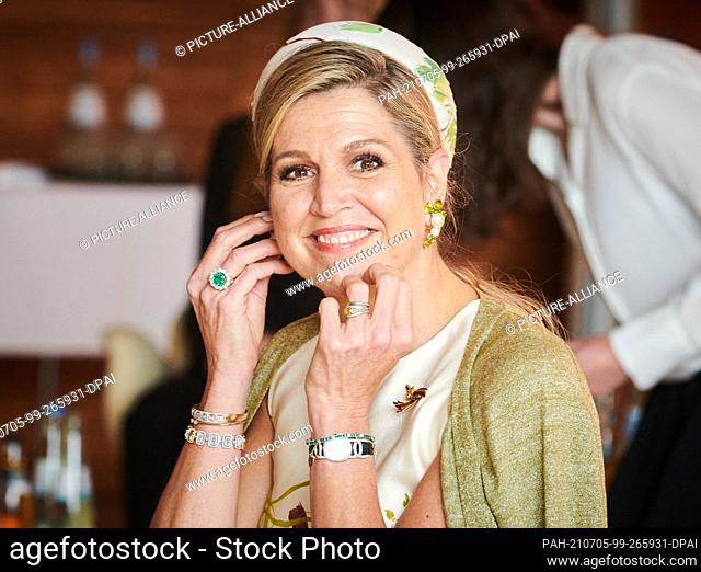 05 July 2021, Berlin: Queen Maxima laughs in the Dutch embassy. She came to sign a memorandum by the Prinses Máxima Centrum in Utrecht and the Hopp Children's...
