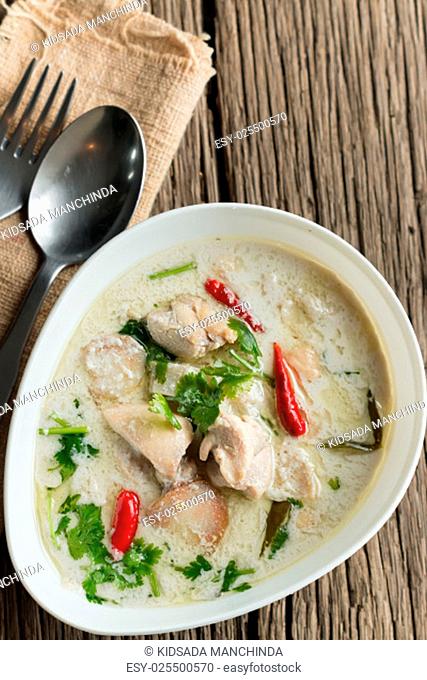 Coconut milk with chicken. Traditional thai soup ""Tom Kha Gai"""""