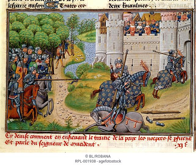 Knights with lances fighting outside castle walls the death of De Lagurant. Image taken from Chronique d' Angleterre Volume III