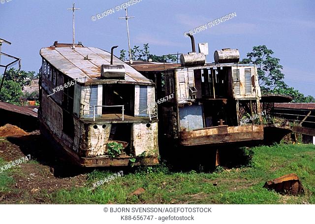 Ship grave yard along the Amazon river. Iquitos, Loreto, Peru