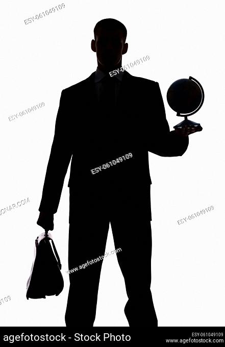 isolated on white silhouette of man with suitcase and globe