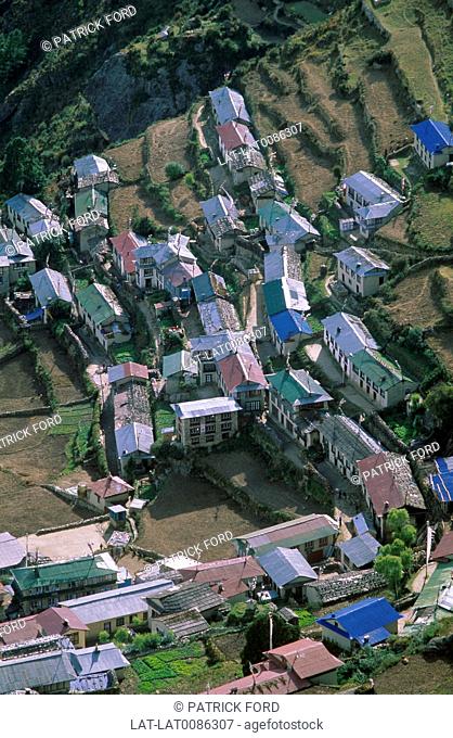 Himalayan region. Town, sherpa centre. In horsheshoe bowl. View down on rooftops. Scenics & landscapesGeography - physicalDwellings