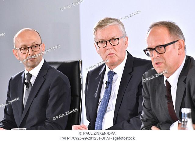Lucas Floether (L-R), private attorney, Thomas Winkelmann, CEOÂ Air Berlin and Frank Kebekus, chief representative, sit in a hotel in Berlin, Germany