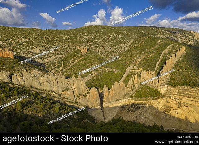 Cliffs of the ""Muralla de Finestras"" (the Wall of Finestras) with the Canelles reservoir almost dry during the 2022 drought (Ribagorza, Huesca, Aragon, Spain