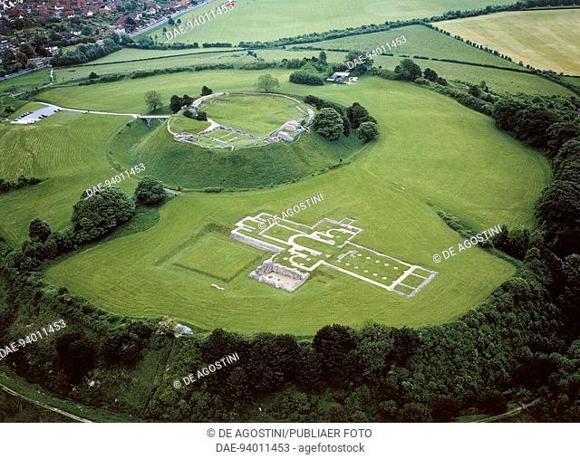 Aerial view of the archaeological site of Old Sarum with the old cathedral, ancient Salisbury, Wiltshire, England, United Kingdom