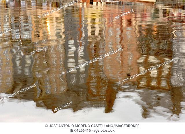 Houses reflecting in water at harbour, Honfleur, Calvados province, Normandy, France, Europe