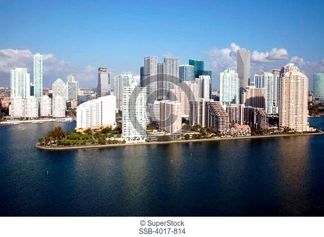 Aerial of Brickell Key and Downtown Skyline in Miami from over Biscayne Bay