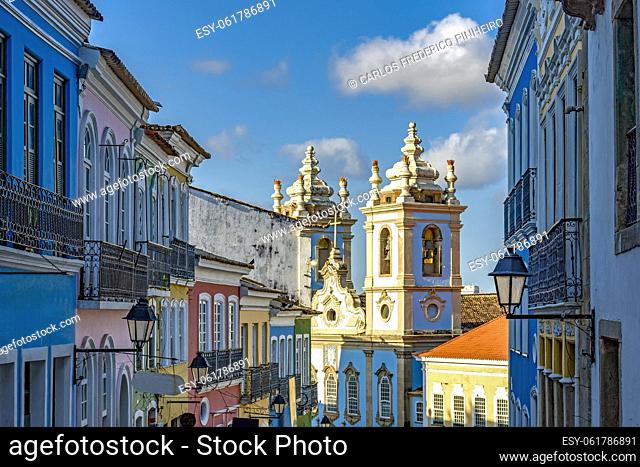 Facades of the houses, towers and churches of ancient district of Pelourinho in the beautiful city of Salvador, Bahia