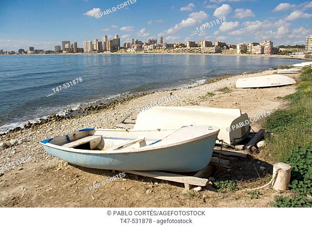 Boats on Muchavista beach. Campello, Alicante province, Spain