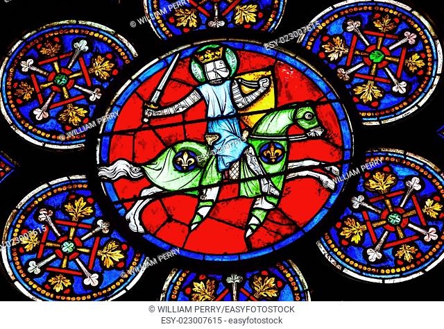 Armed Knight Sword Stained Glass Notre Dame Cathedral Paris France. Notre Dame was built between 1163 and 1250AD