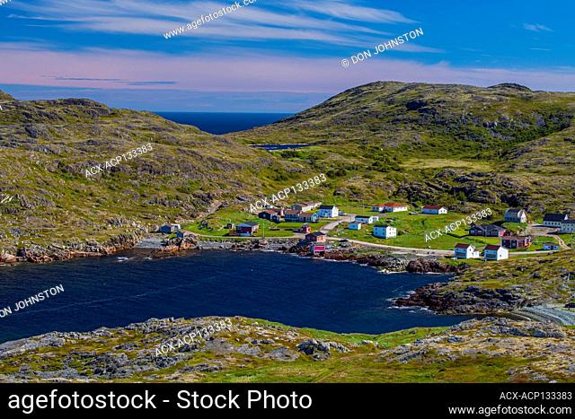 Rocky coastline and hamlet suburb of Fogo near Brimstone Head, Fogo, Newfoundland and Labrador NL, Canada