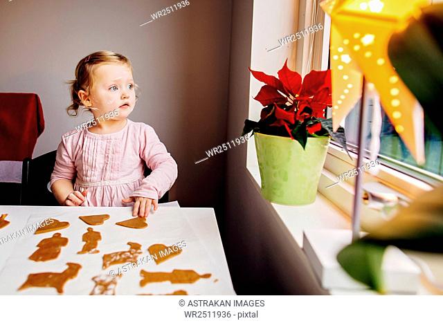 Girl looking through window while sitting with gingerbread cookies at home