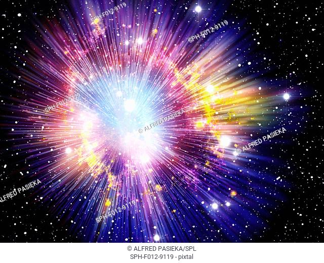 Big Bang, conceptual image. Computer illustration representing the origin of the universe. The term Big Bang describes the initial expansion of all the matter...