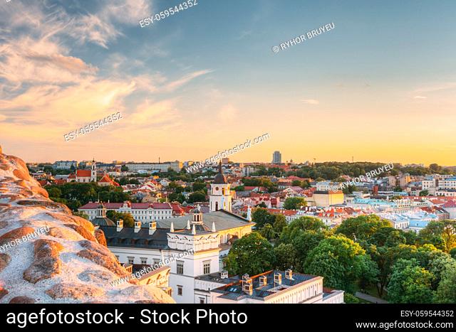 Vilnius, Lithuania. Old Town Historic Center Cityscape Under Dramatic Sky And Bright Sun In Sunny Summer Day. UNESCO World Heritage