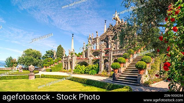 Pictured Isolabella island with its beautiful gardens and its wonderful baroque statues, Lake Maggiore, Stresa, Italy