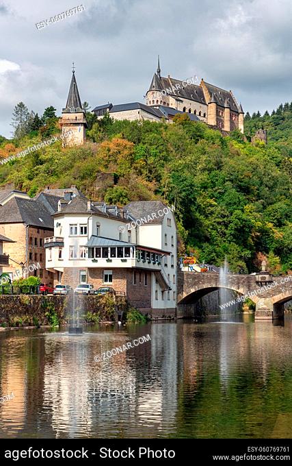 Medieval Vianden castle above valley and river Our in Luxembourg