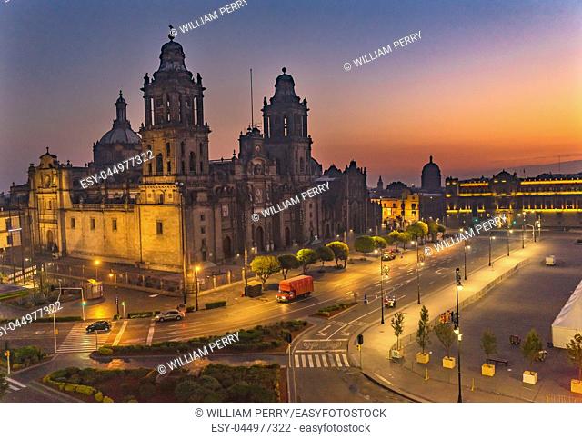 Metropolitan Cathedral and President's Palace Sunrise Morning Zocalo Center of Mexico City Mexico