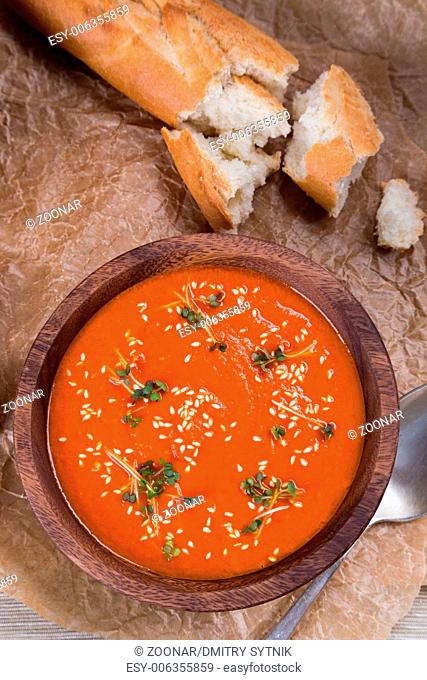 tomatos soup puree on crushed brown paper