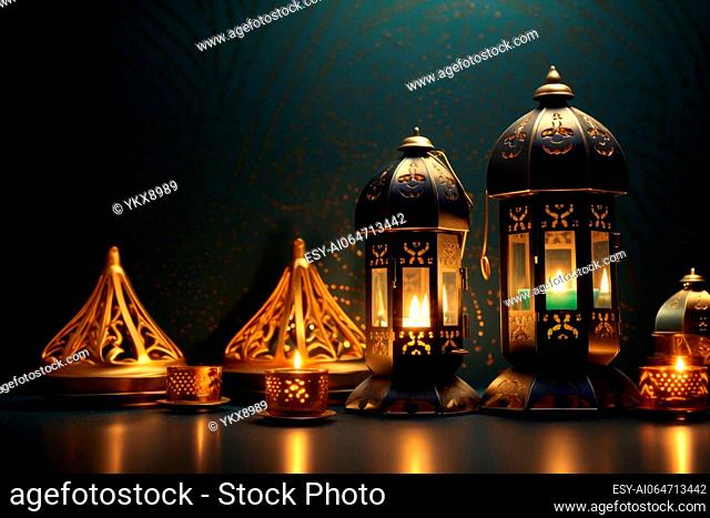 Traditional Arabian lamps and Islamic calligraphy for Mawlid celebration