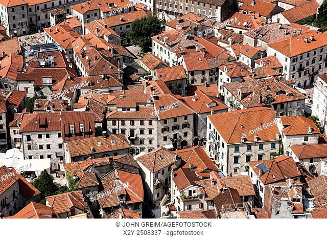 Aerial view of old town Kotor, a world heritage site, Montenegro