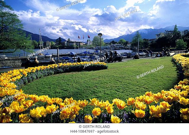 Switzerland, Europe, Locarno, Canton Ticino, Lago Maggiore, lake, water, park, flowers, promenade, town, city, clouds