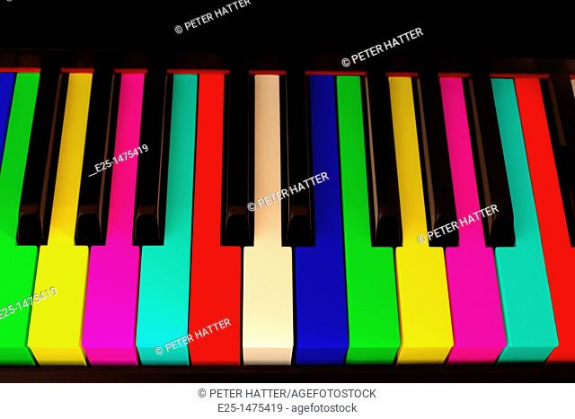 Close up detail of piano keys where the usually white keys are in different colors