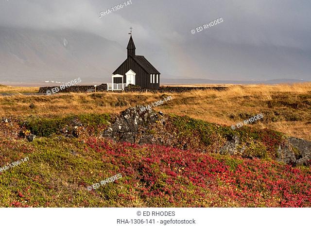 Budir Black church in autumn backed by the Snaefellsnes mountains, Budir, Snaefellsnes Peninsula, Iceland, Polar Regions