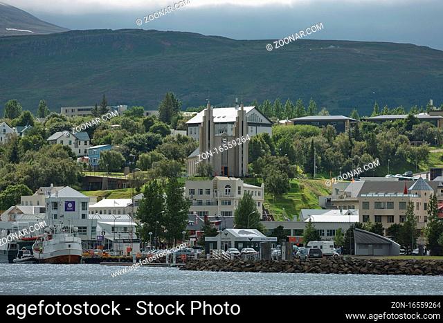 Akureyri, Iceland - July 27, 2017: View of a city center and Akureyrarkirkja church in Akureyri in Iceland