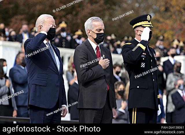 United States President Joe Biden, from left, Denis McDonough, secretary of Veterans Affairs, and Major General Allan Pepin