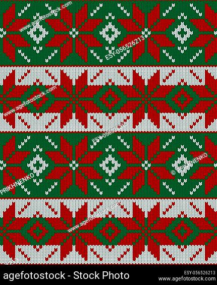 Seamless knit green, red and white pattern. Christmas scandinavian fail isle backgroung
