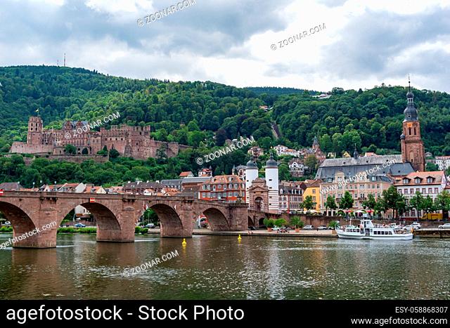 Heidelberg, BW / Germany - 25 July 2020: view of the historic old town of Heidelberg with the pedestrian bridge and palace