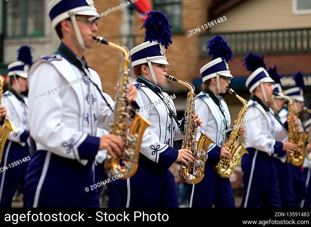 Stoughton, Wisconsin, USA - May 20, 2018: Annual Norwegian Parade, Members of the Stoughton High School Marching band, performing during the parade