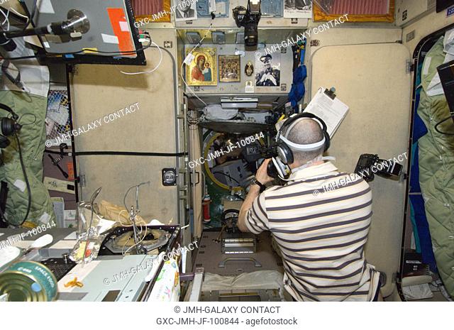 In the International Space Station's Zvezda Service Module, Russian cosmonaut Anatoly Ivanishin, Expedition 30 flight engineer