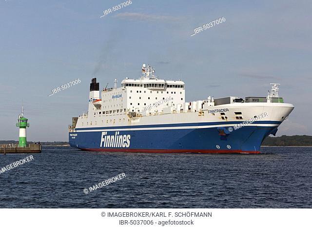 Finnlines ferry entering Travemünde, Lübeck-Travemünde, Lübeck Bay, Baltic Sea, Schleswig-Holstein, Germany, Europe