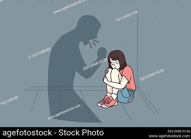 Child abuse and fear concept. Small stressed girl cartoon character sitting on floor listening to her Father shadow yelling at her feeling upset and depressed...