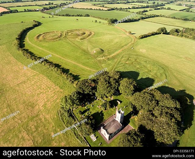 Aerial view of the Hill of Tara, an ancient burial and ceremonial site including an oval enclosure, known as Rath na Riogh (Fortress of the Kings) with it's two...