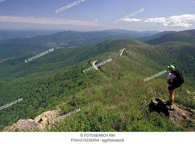 hiking, Appalachian Trail, Shenandoah National Park, backpacking, Blue Ridge, Virginia, Appalachian Mountains, Woman hiker stands to look at the scenic view...