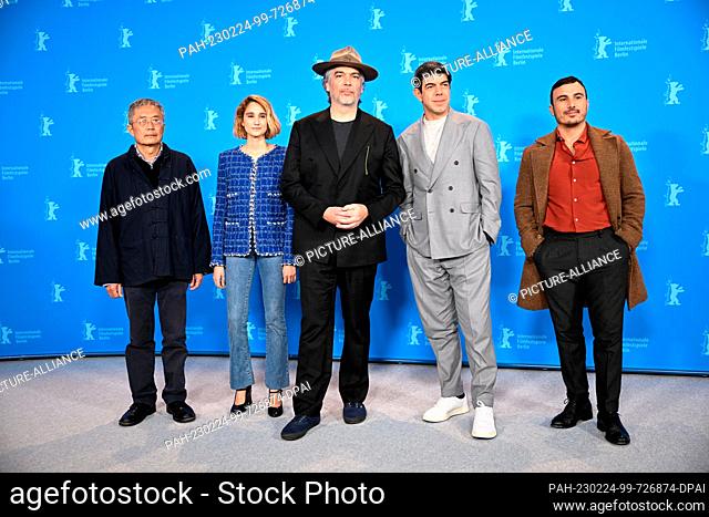 24 February 2023, Berlin: Actor Wen Mao (l-r), actress Linda Caridi, director Andrea Di Stefano, actor Pierfrancesco Favino and actor Francesco Di Leva arrive...