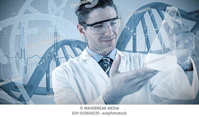 Composite image of scientist pretending to be doing experiment