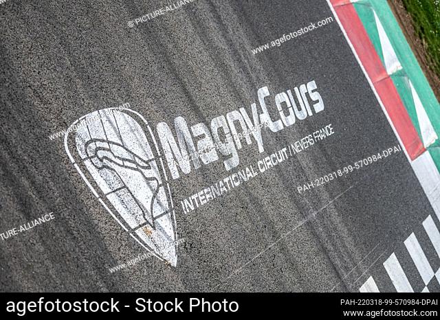 16 March 2022, France, Magny-Cours: The Magny-Cours International Circuit / Nevers France lettering is printed on the start and finish straight