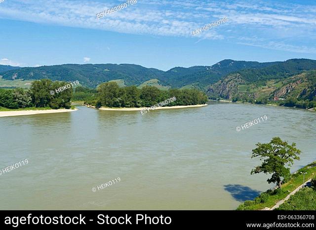 River landscape with Danube river in Wachau region near Duernstein in Austria