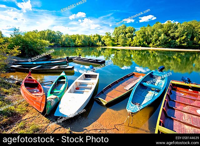 Colorful boats on mouth of Drava and Mura rivers, Podravina region of Croatia
