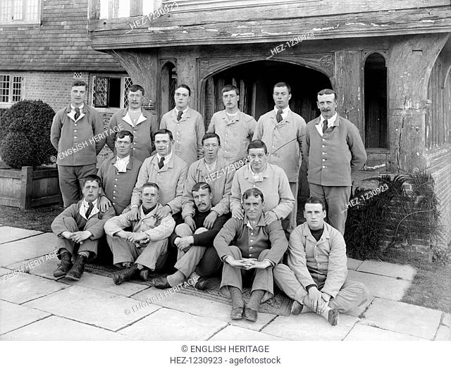Convalescent soldiers, Great Dixter, Northiam, East Sussex, WWI, 1916. Soldiers posing in their convalescents' uniforms beside the porch at Great Dixter