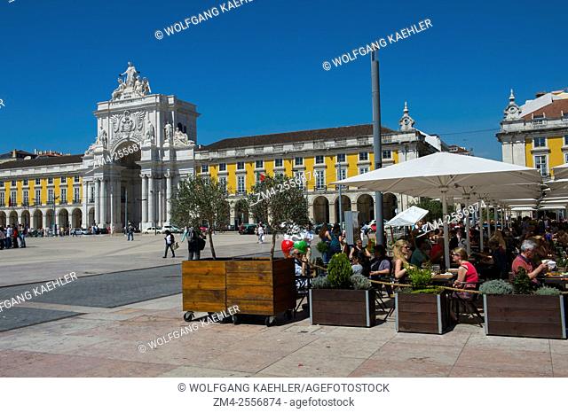 Outdoor restaurant and café at the Praca do Comercio (Commerce Square) in Lisbon, the capital city of Portugal