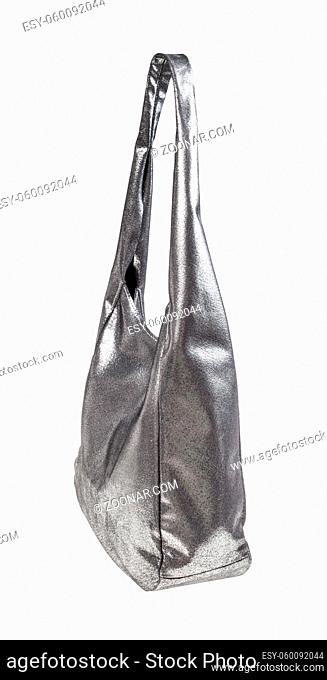 side view of handbag handmade from silver leather isolated on white background